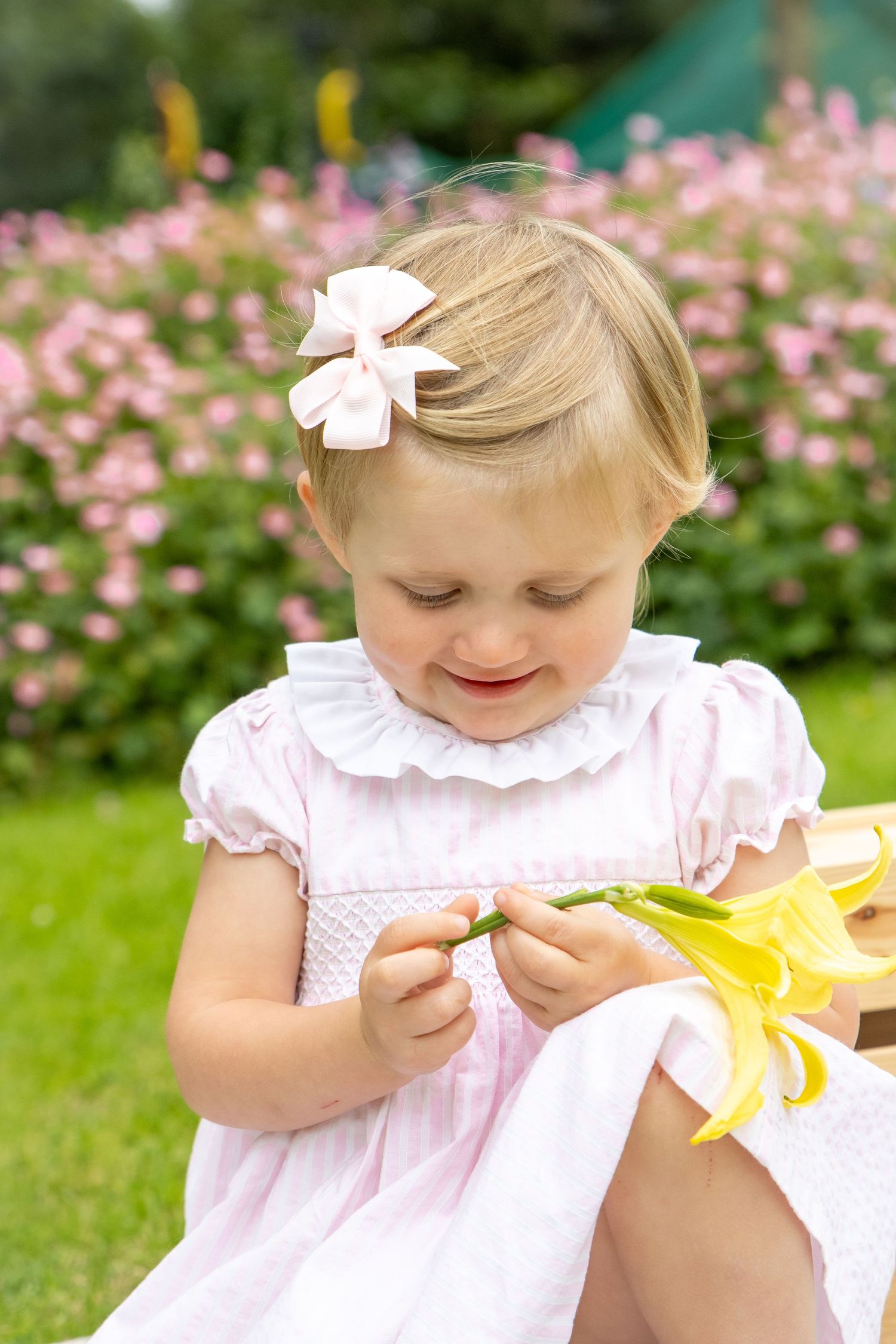 Toddler girl in pink dress with bow holding yellow lily flower in garden with pink blooms.