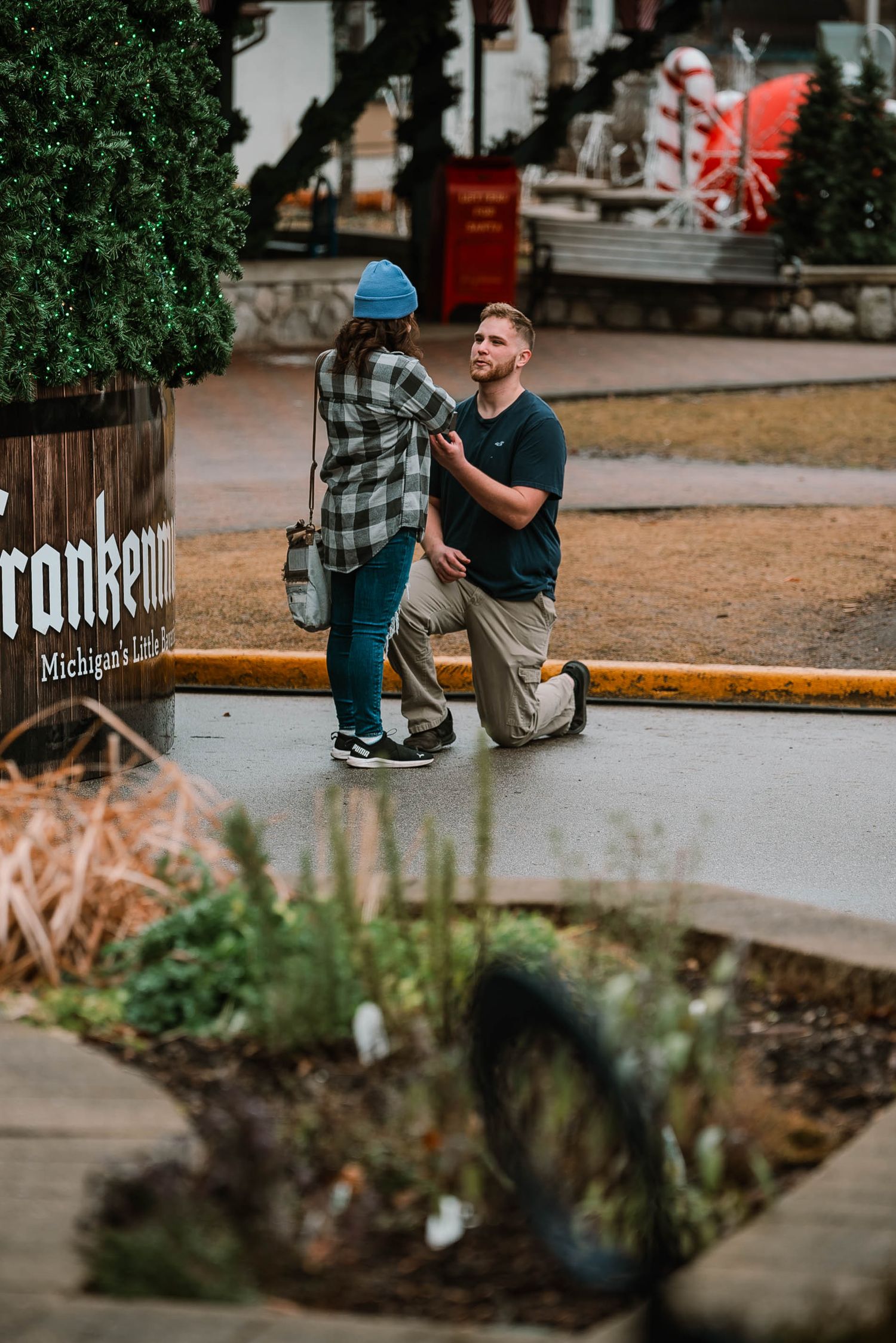 Series of casual outdoor seating moments on a concrete curb with greenery in the background.