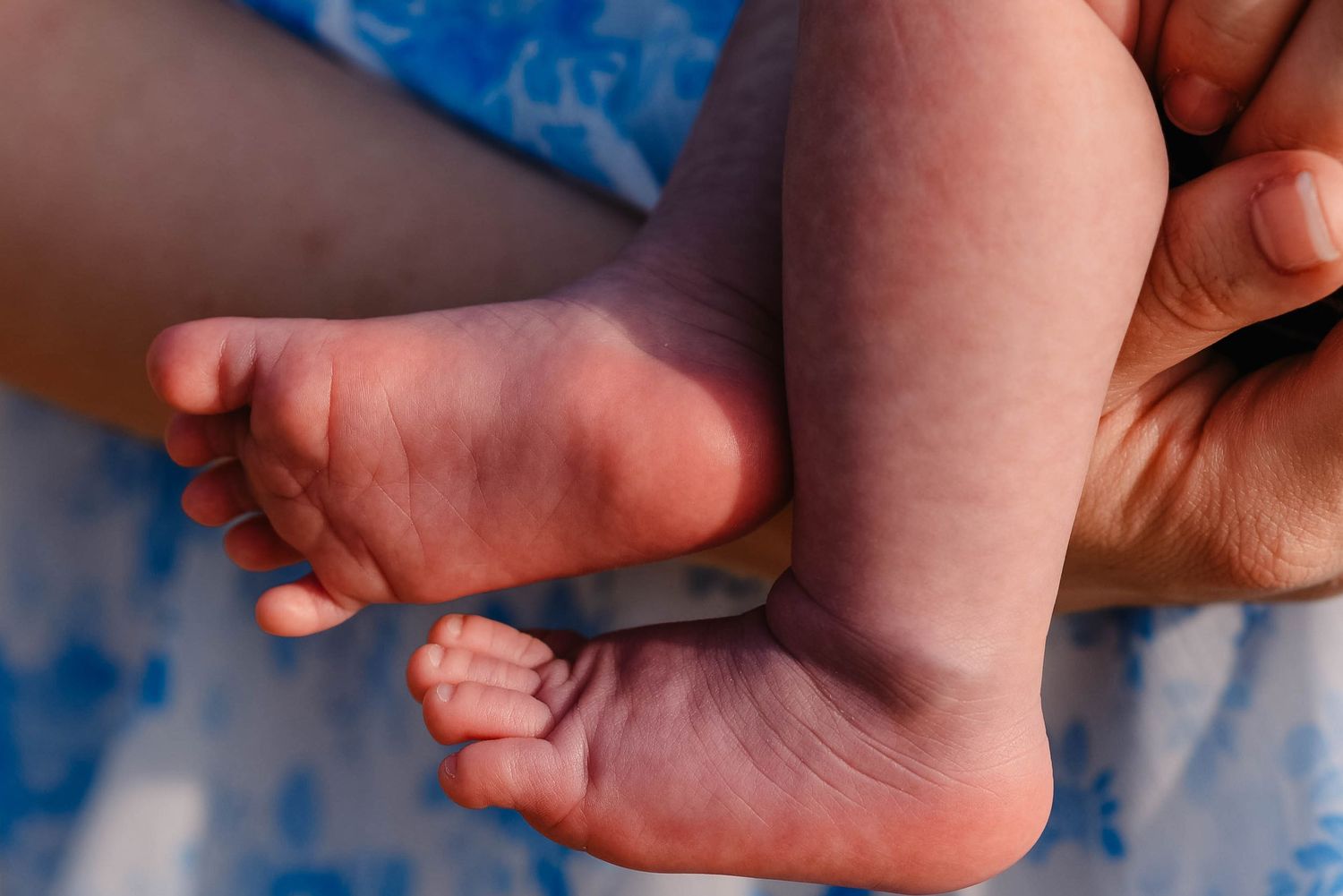 Close up view of tiny baby feet and hands being held gently.