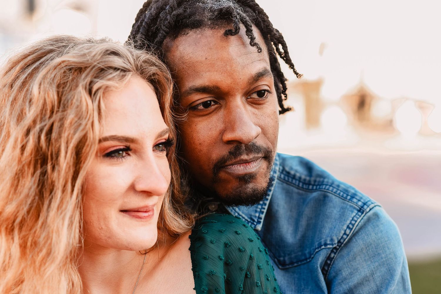 A couple sharing affectionate moments in a series of close-up portraits.