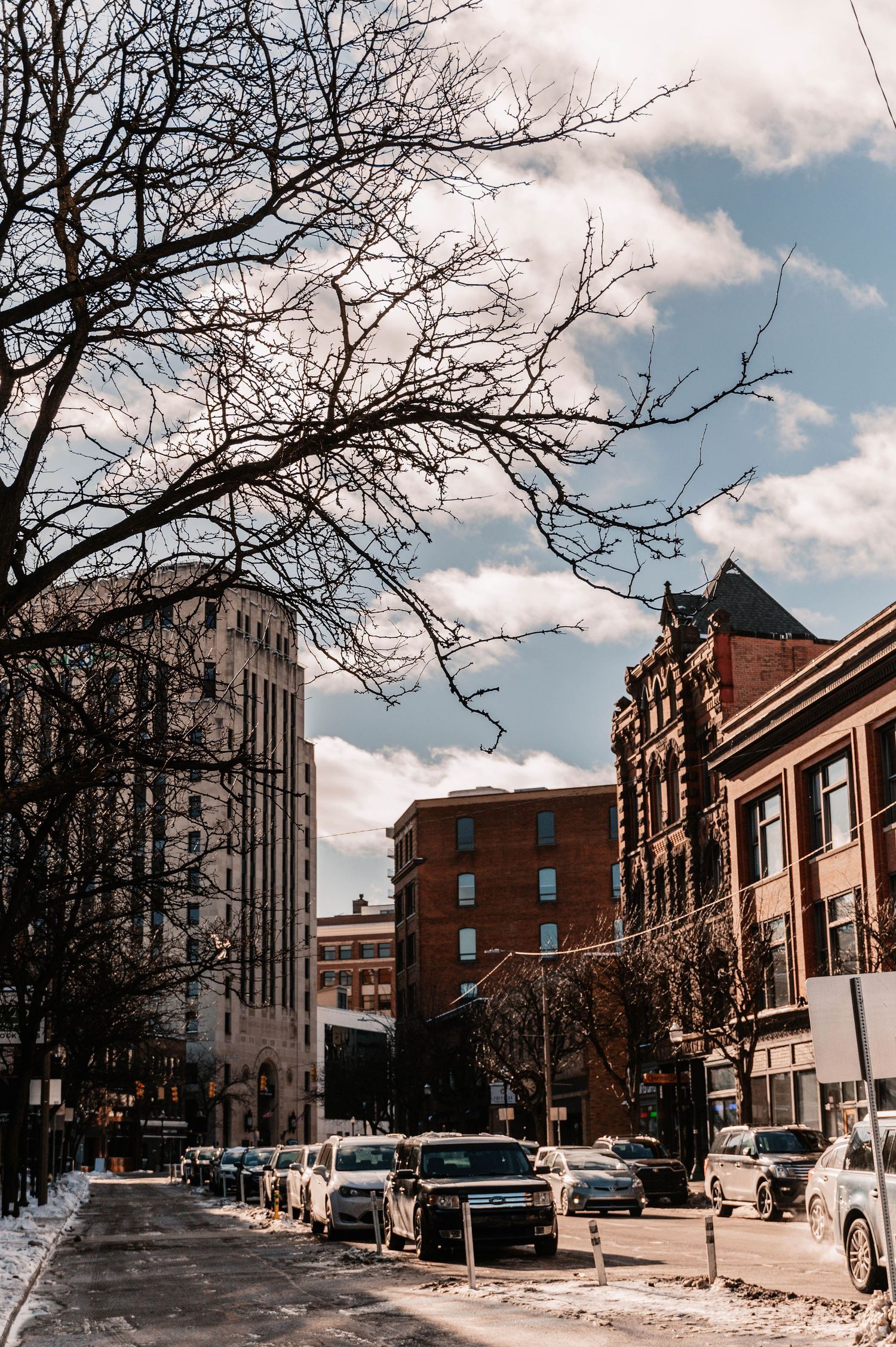 Winter urban street scene with historic buildings, parked cars, and bare trees against cloudy sky.