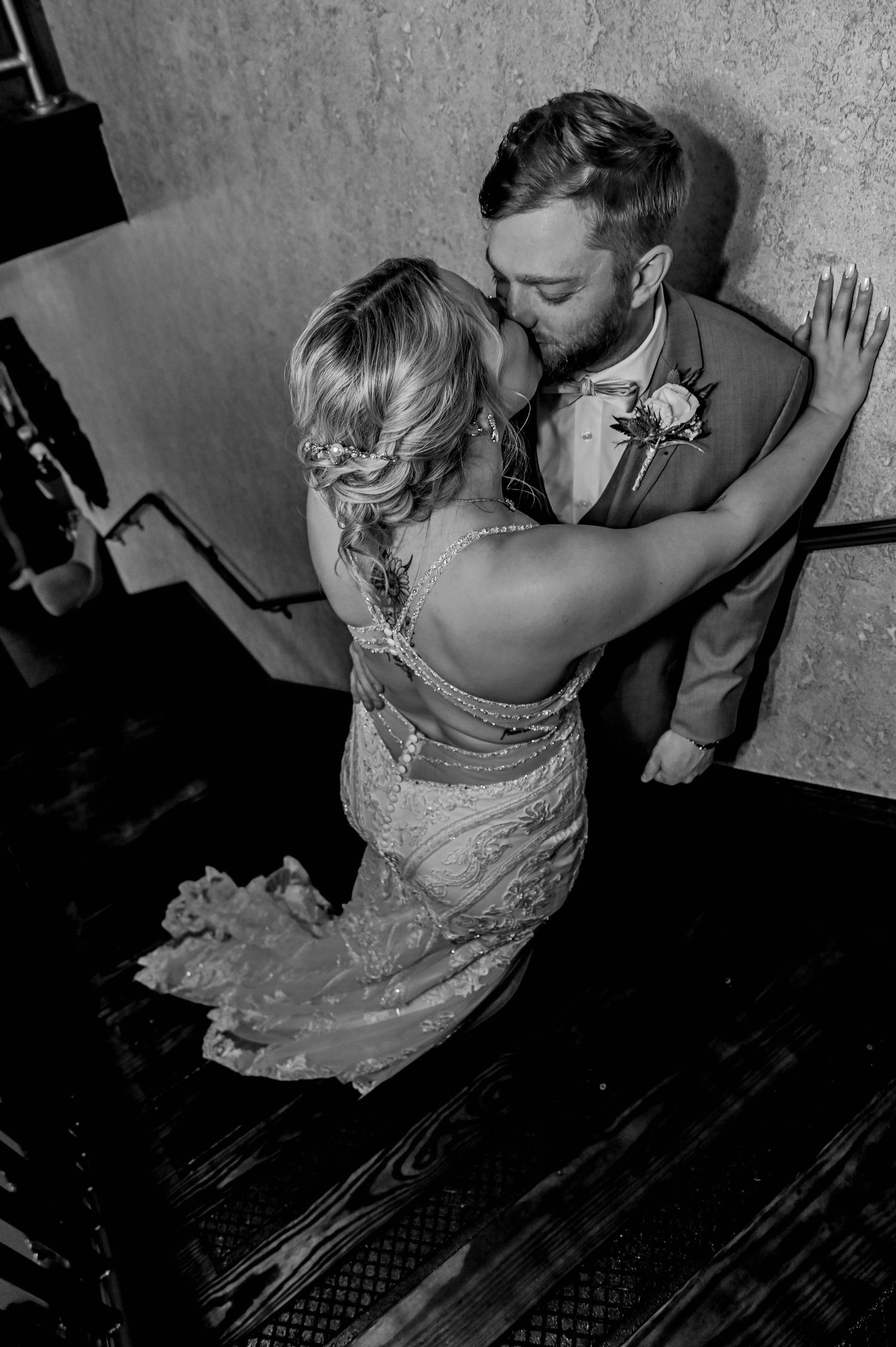 Romantic black and white dance moment at wedding reception.