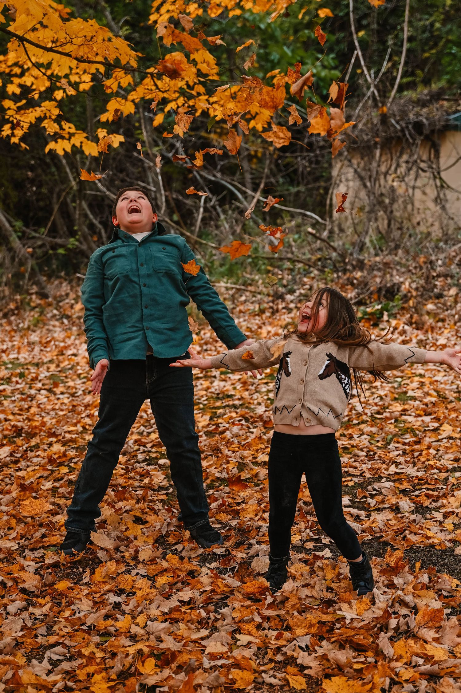 Two figures playing in autumn leaves with vibrant orange foliage in the background.