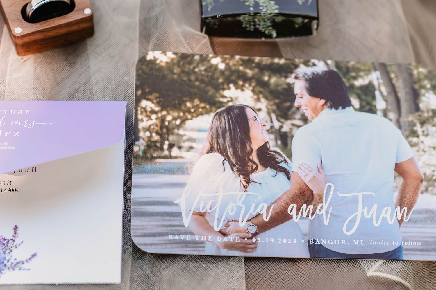 Wedding photo album layout with romantic text overlay and soft pastel tones.