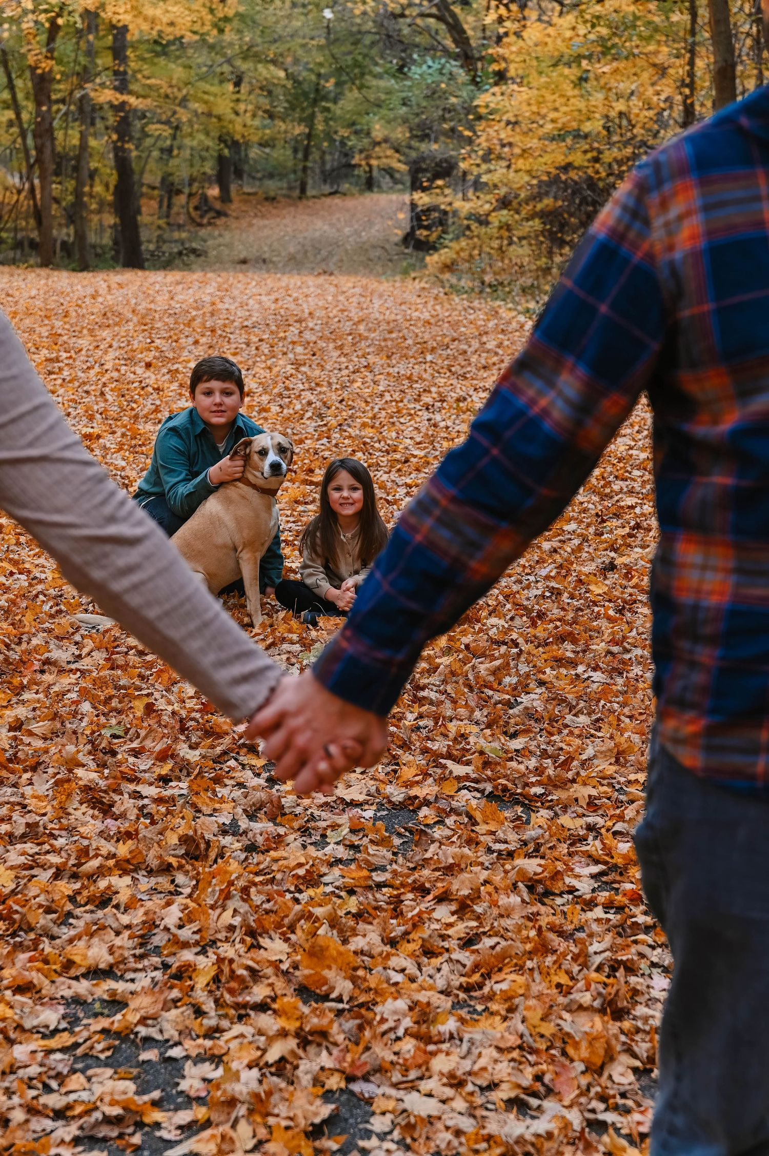 People enjoying a playful moment among fallen autumn leaves in a wooded area.