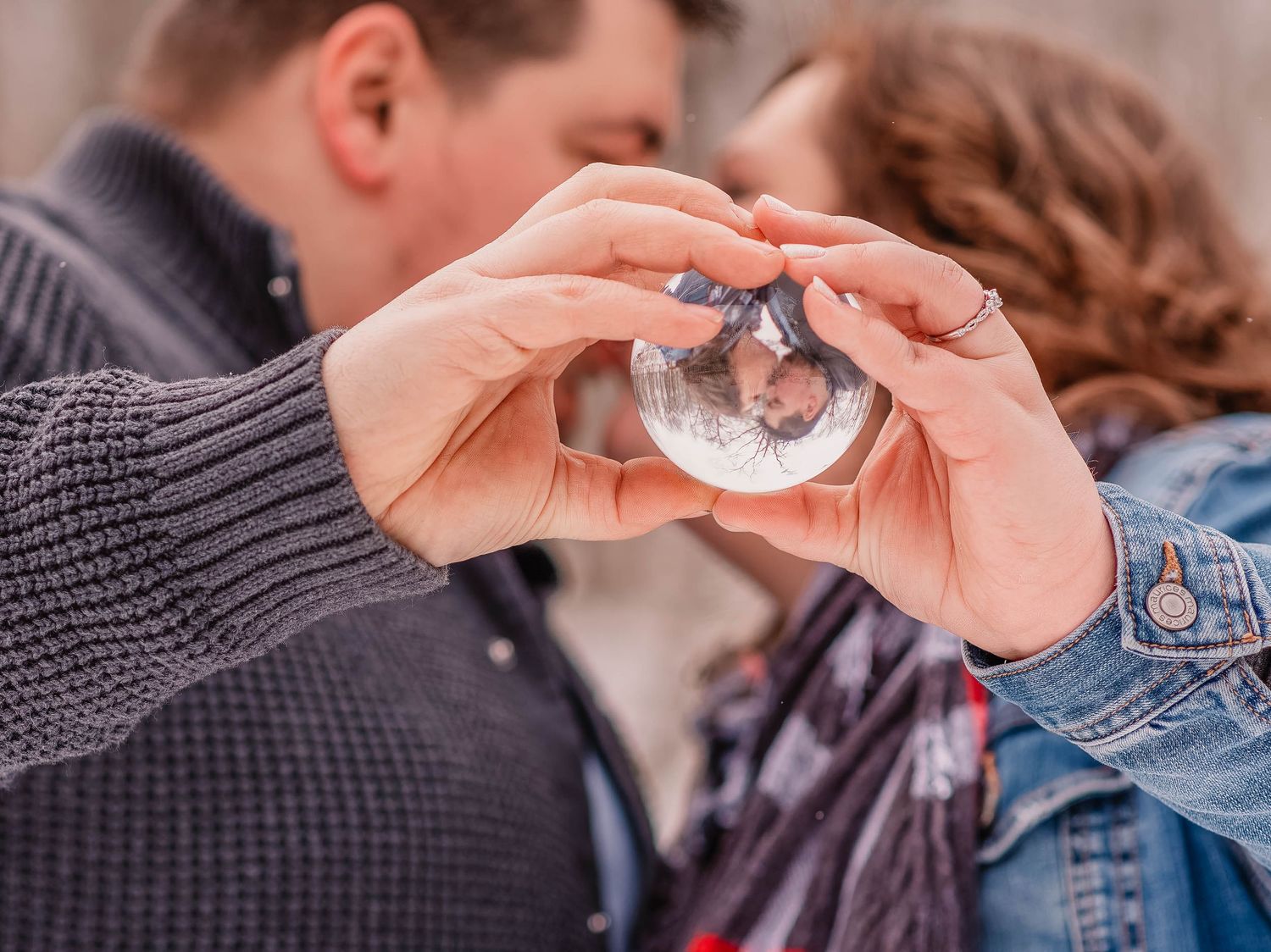 A creative photo through a glass sphere showing a couple in soft focus.