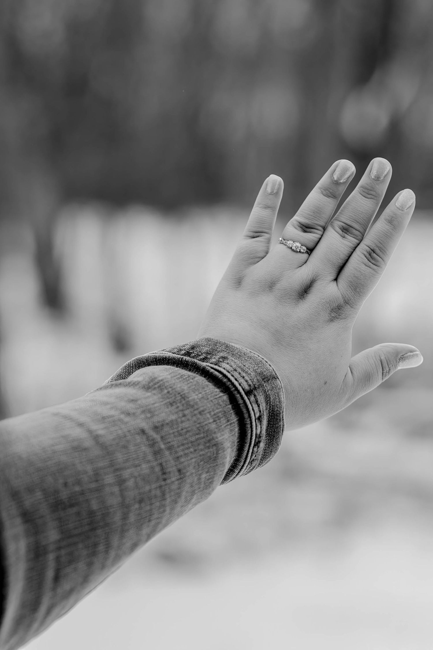 Black and white series showing hand with engagement ring against snowy background.