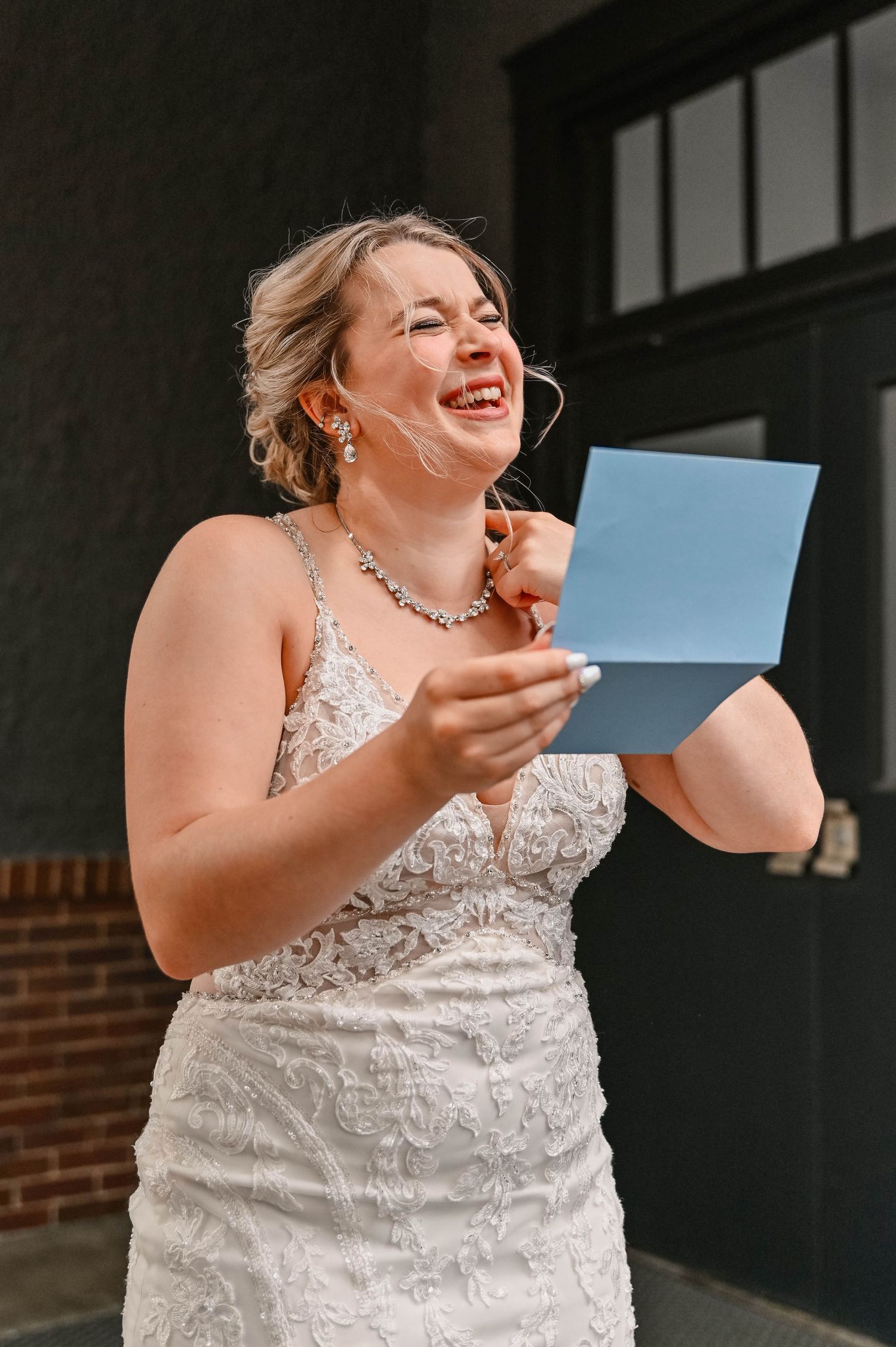 Joyful moment captured during wedding celebration.