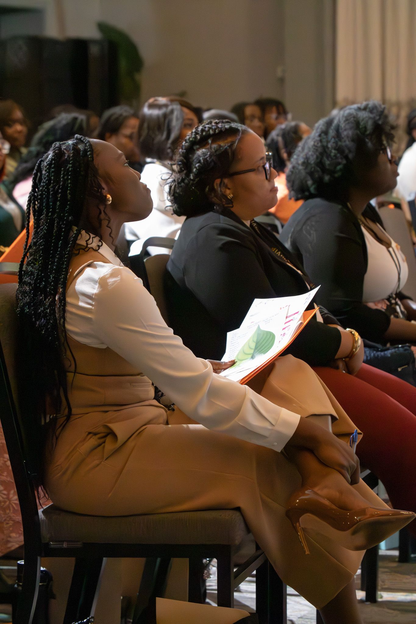 Audience members attentively watch presentation in conference setting.