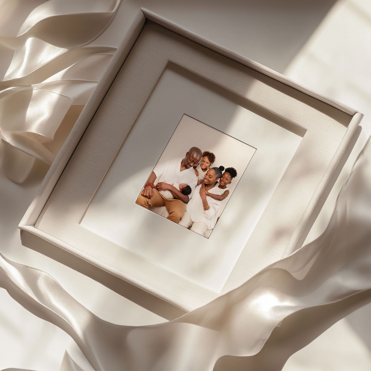 Wedding photo albums arranged in white frames creating layered display.