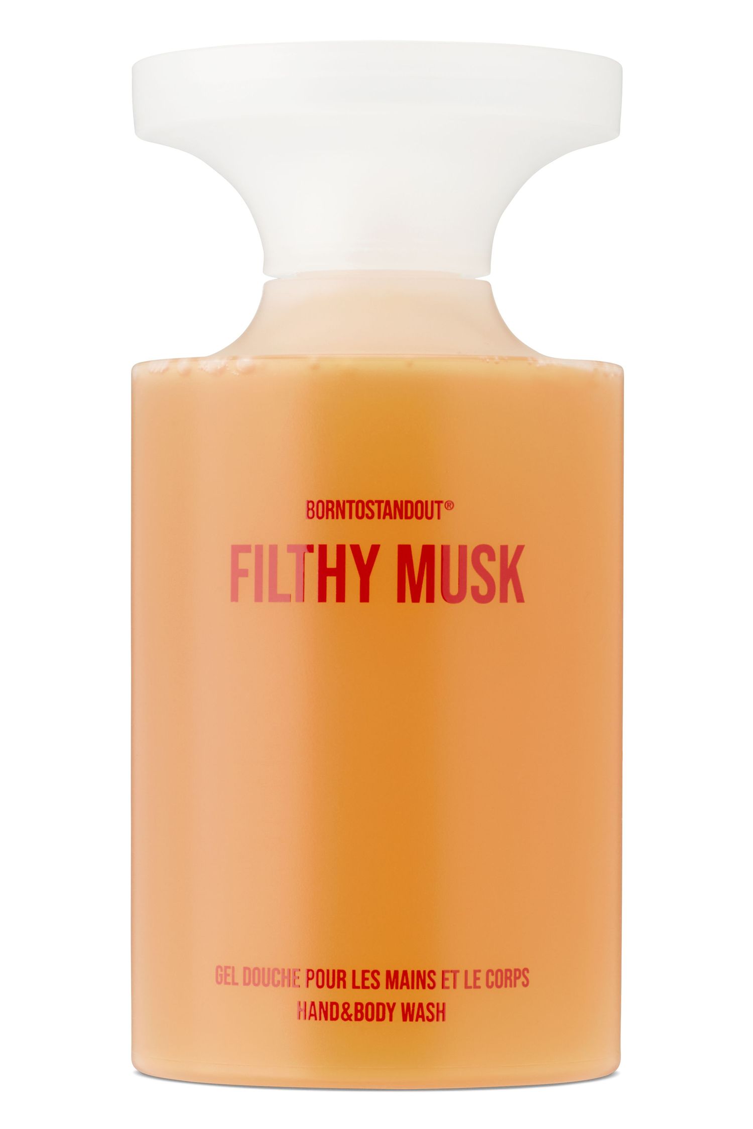 A translucent bottle of BORNTOSTANDOUT Filthy Musk soap.