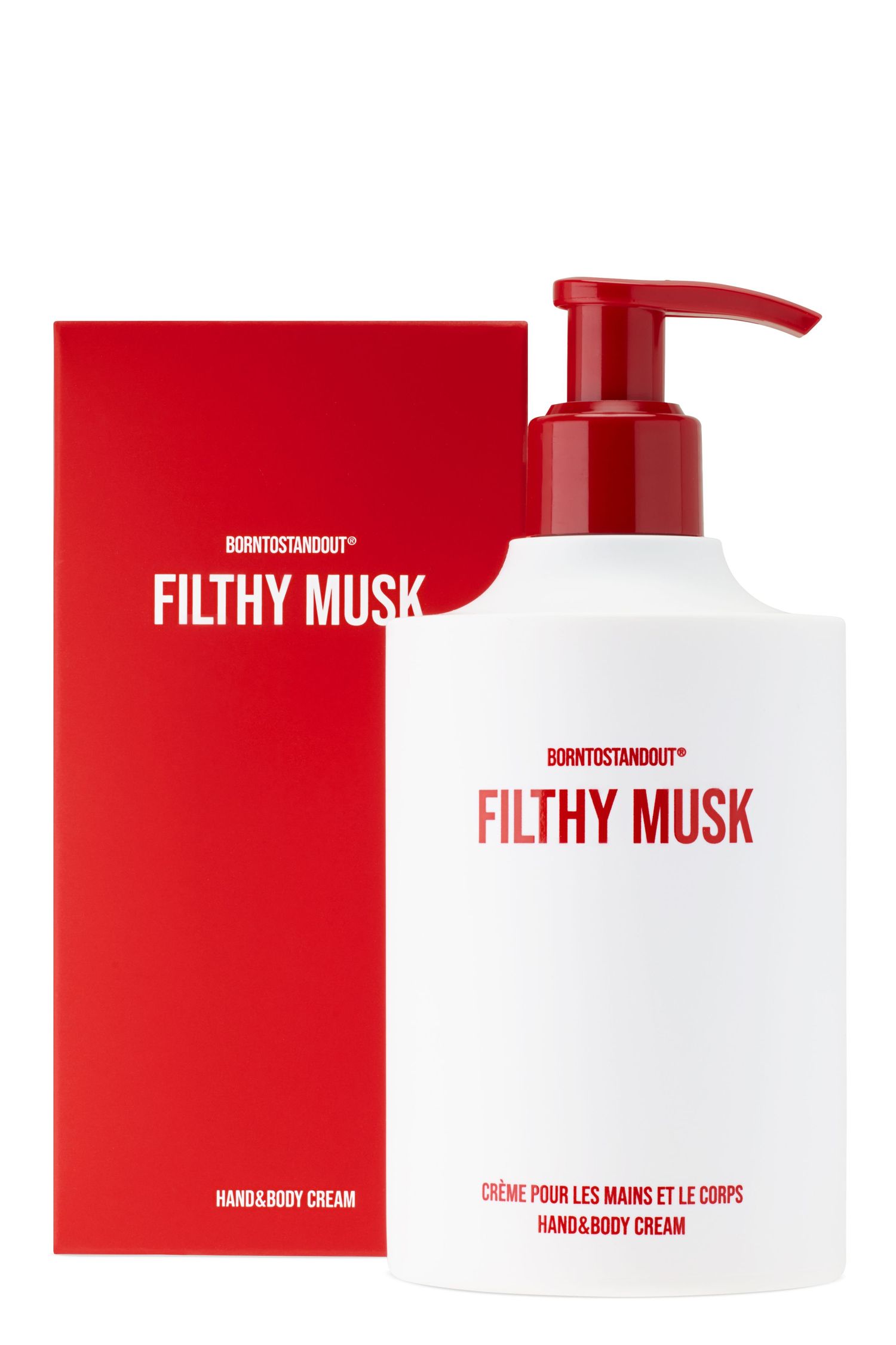 A bottle of BORNTOSTANDOUT Filthy Musk and its box.