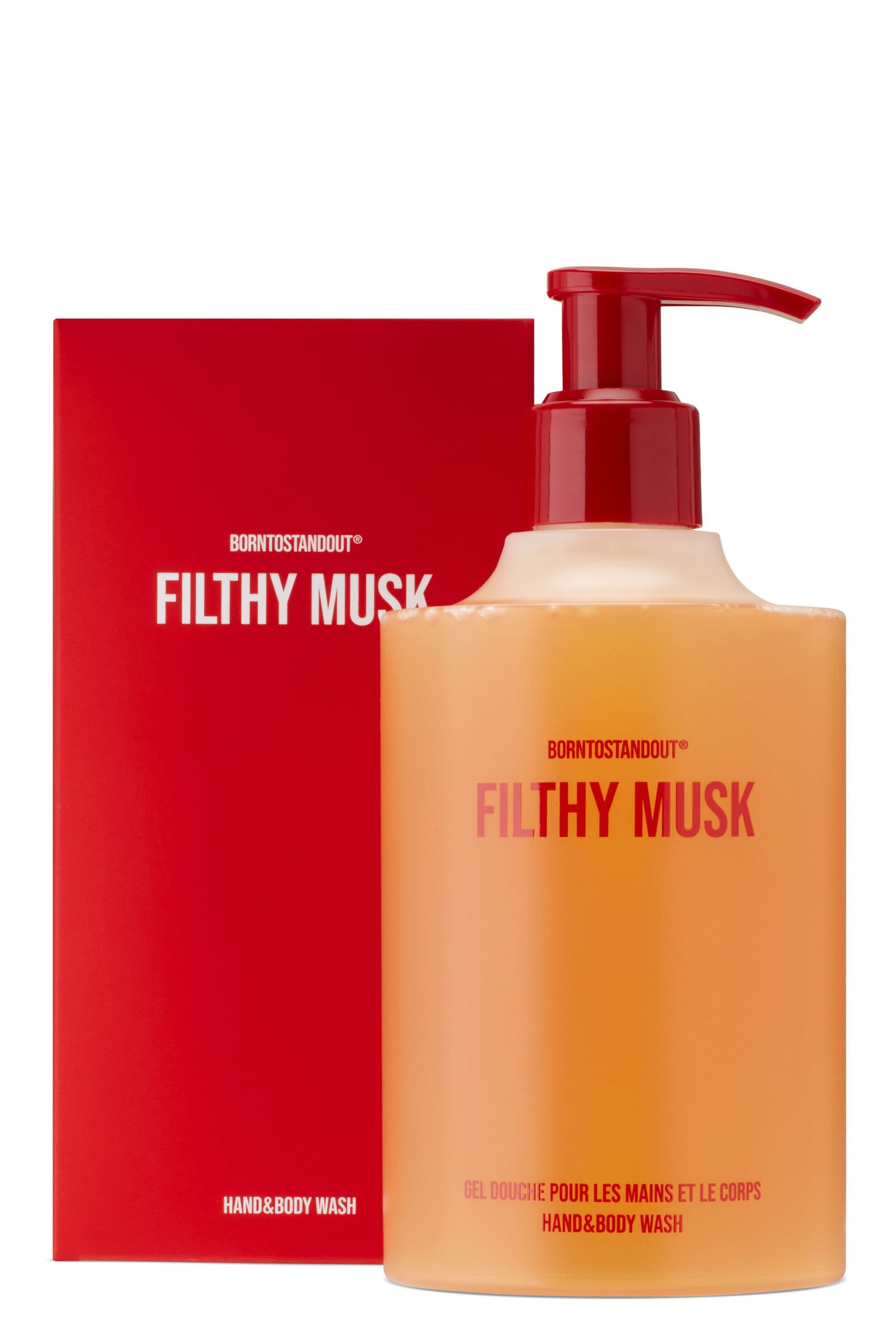 A translucent bottle of BORNTOSTANDOUT Filthy Musk soap and its box.