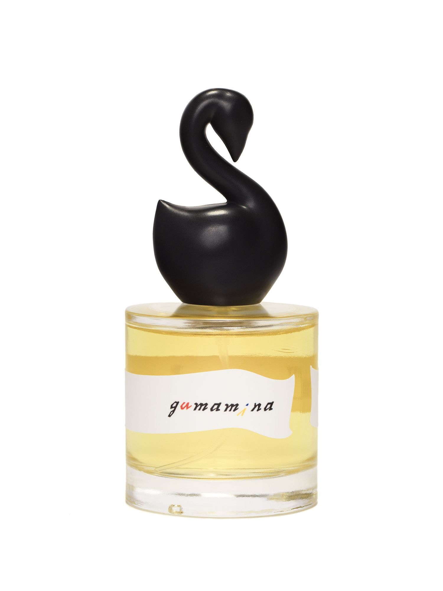 The back view of Gumamina's Odile perfume bottle with its black swan cap.