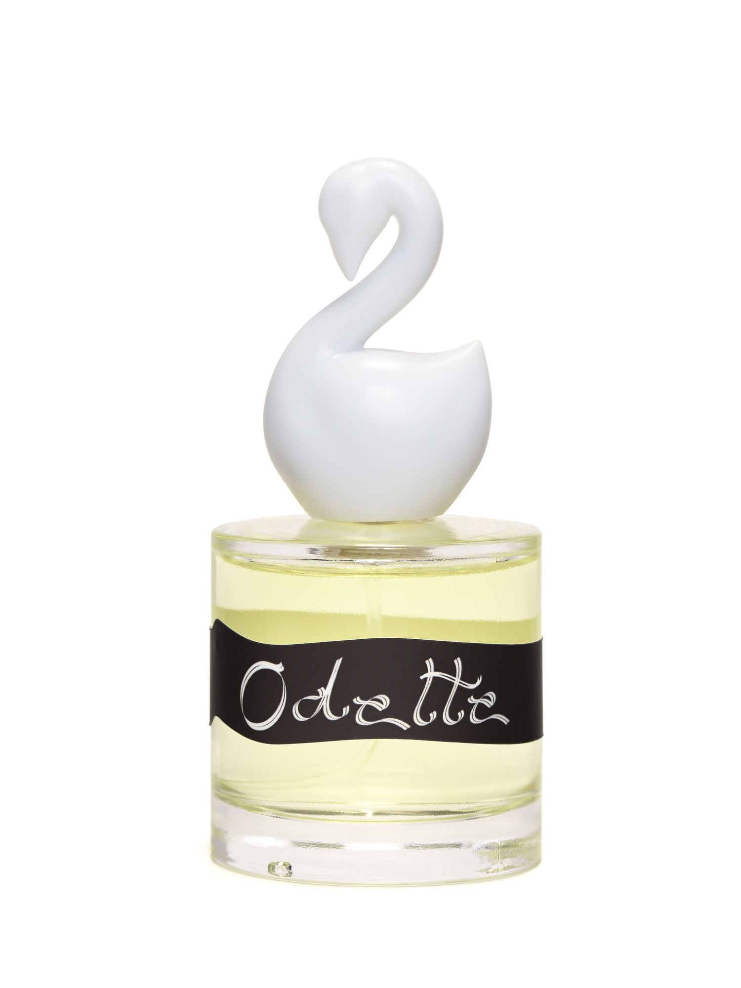 The front view of Gumamina's Odette perfume bottle with its white swan cap.