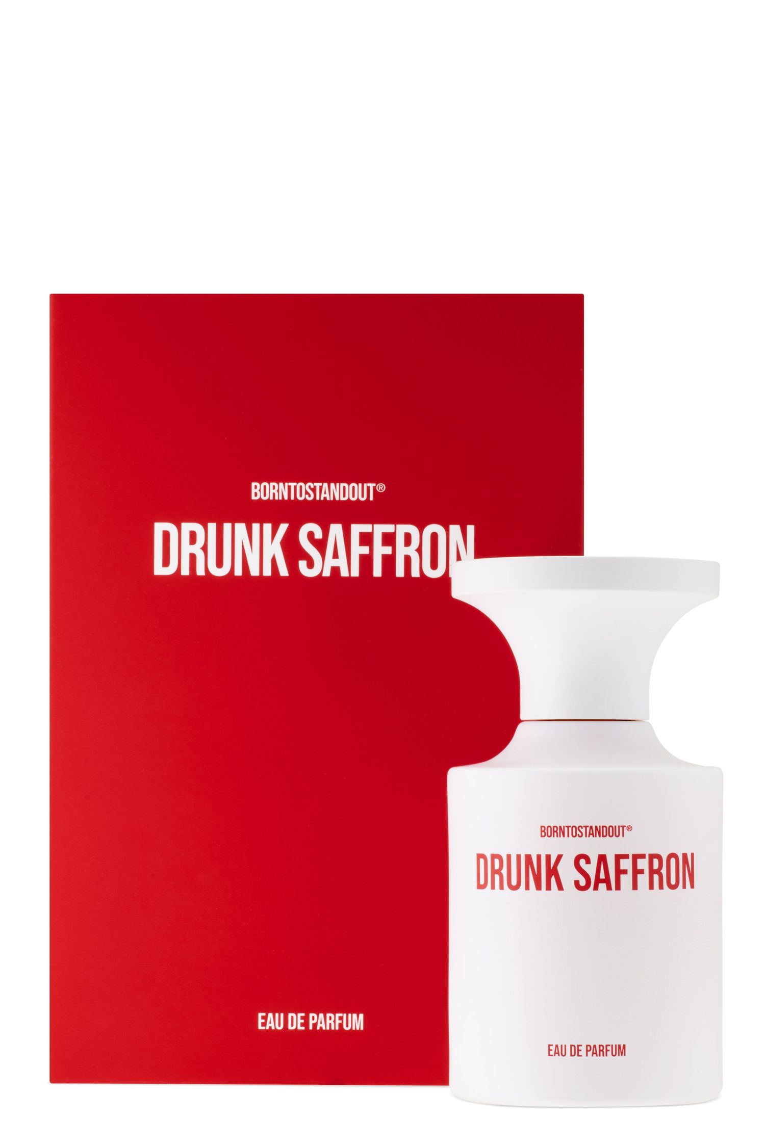 A bottle of BORNTOSTANDOUT Drunk Saffron fragrance and its box.