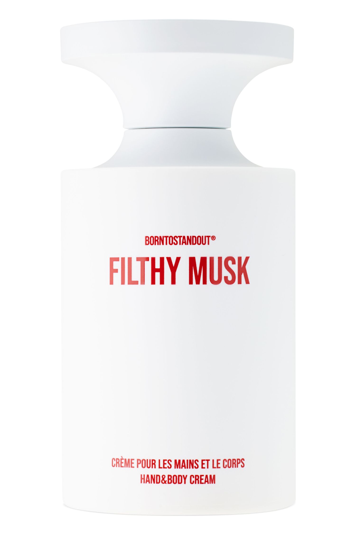 A white bottle with red text on a white background of BORNTOSTANDOUT Filthy Musk Hand & Body Cream