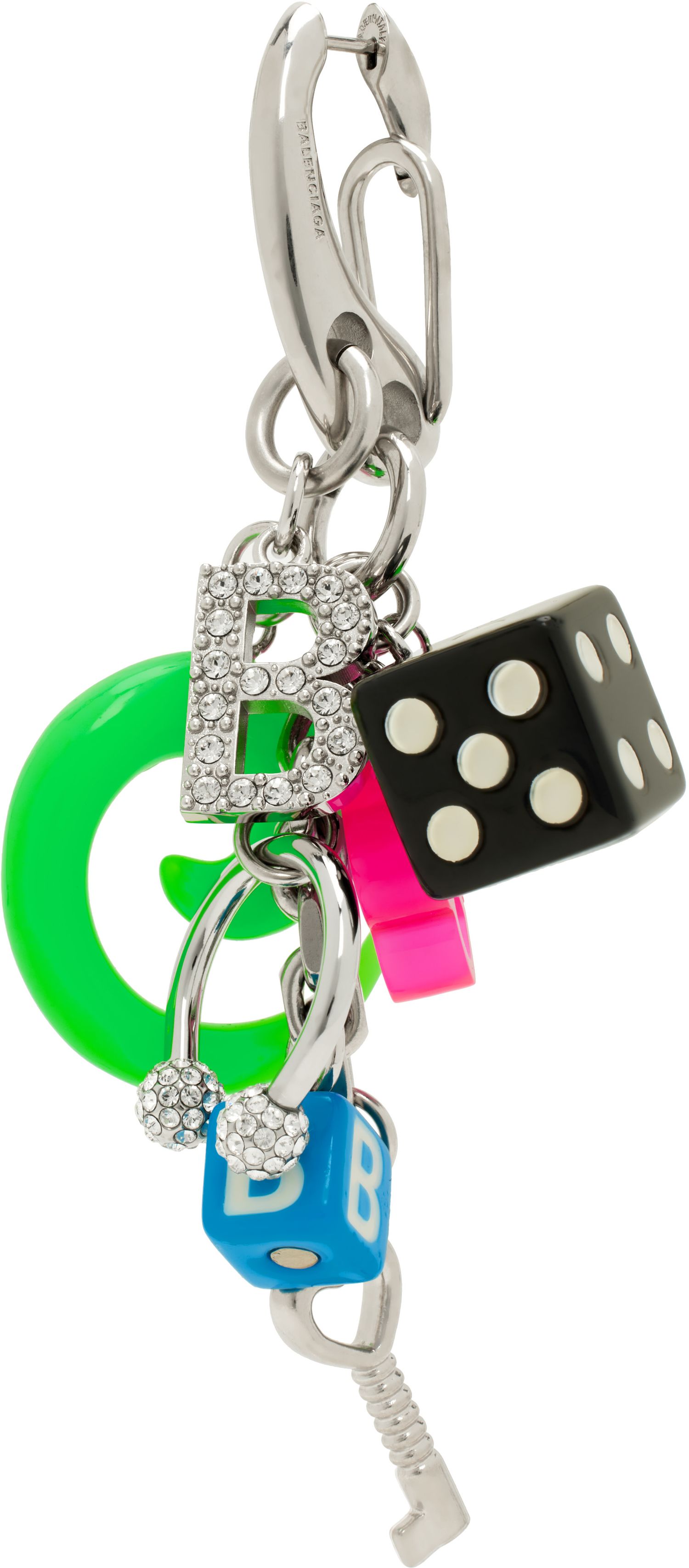 A multi-coloured trompe-l'oeil Balenciaga earring that resembles a keyring.