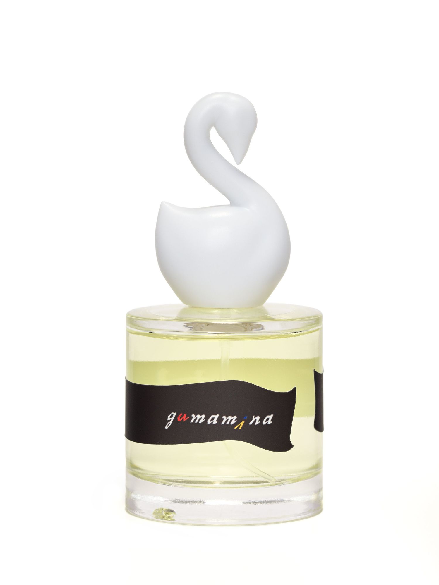 The back view of Gumamina's Odette perfume bottle with its white swan cap.