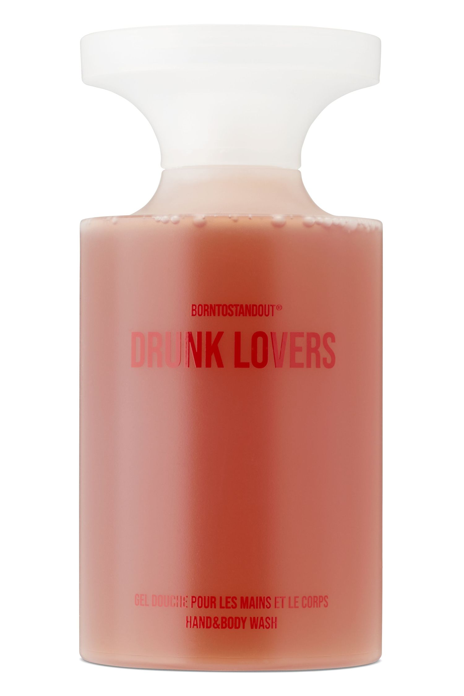 A translucent bottle of BORNTOSTANDOUT Drunk Lovers soap