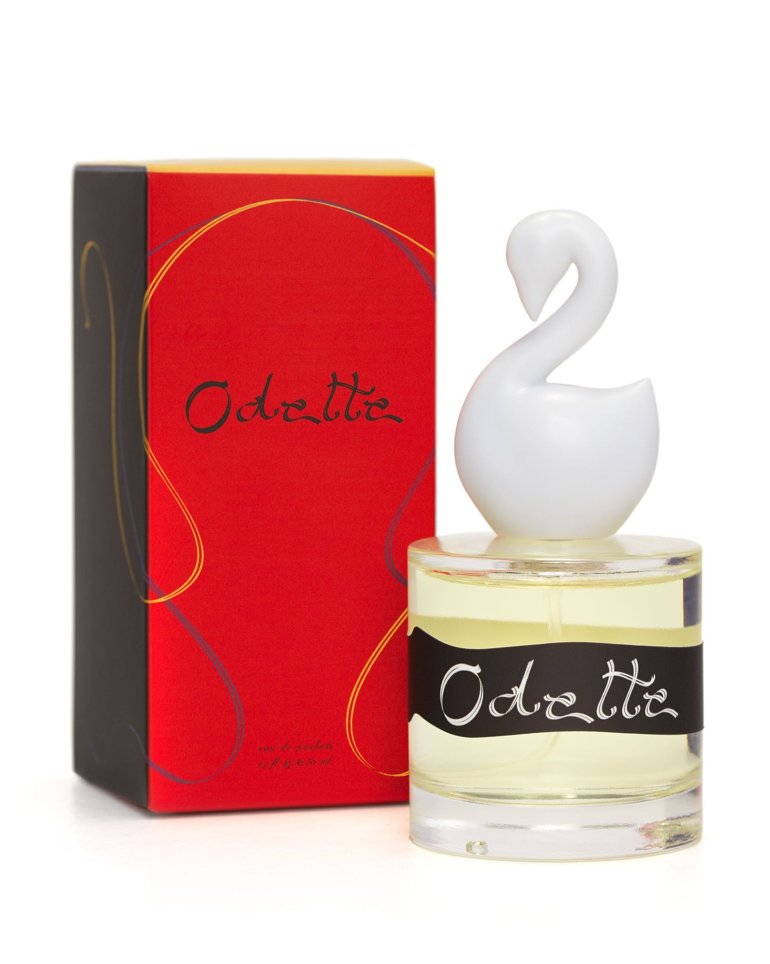 A bottle of Gumamina's Odette perfume photographed with its box.