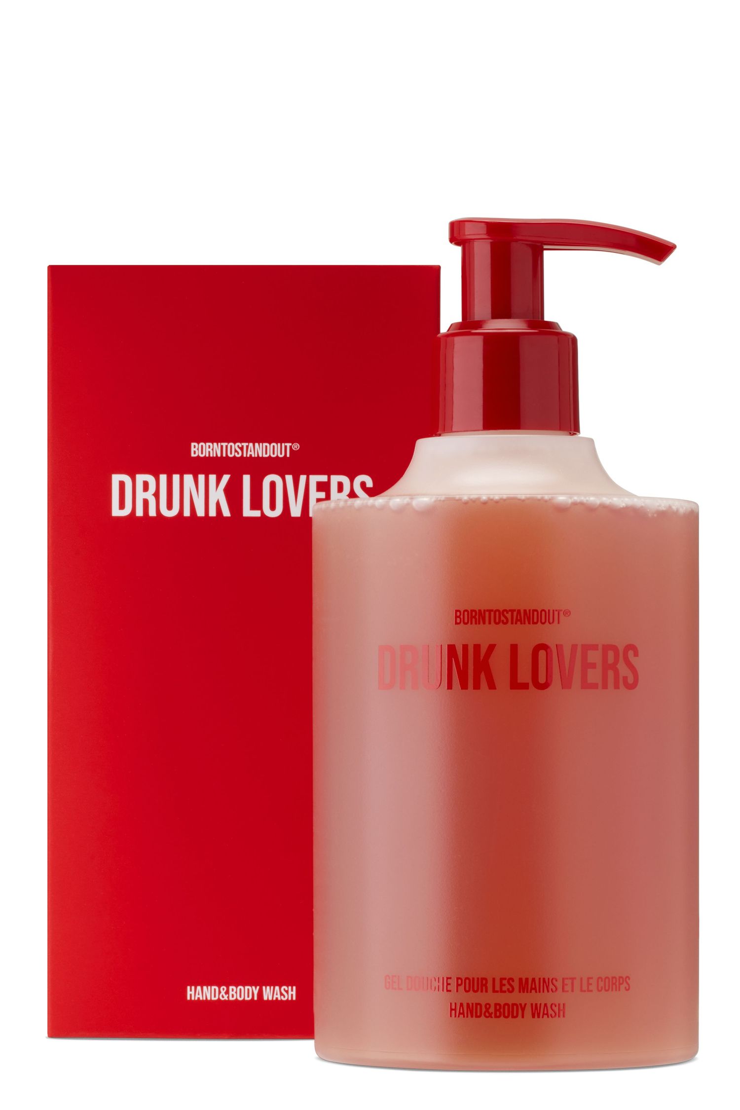 A translucent bottle of BORNTOSTANDOUT Drunk Lovers soap with its box.