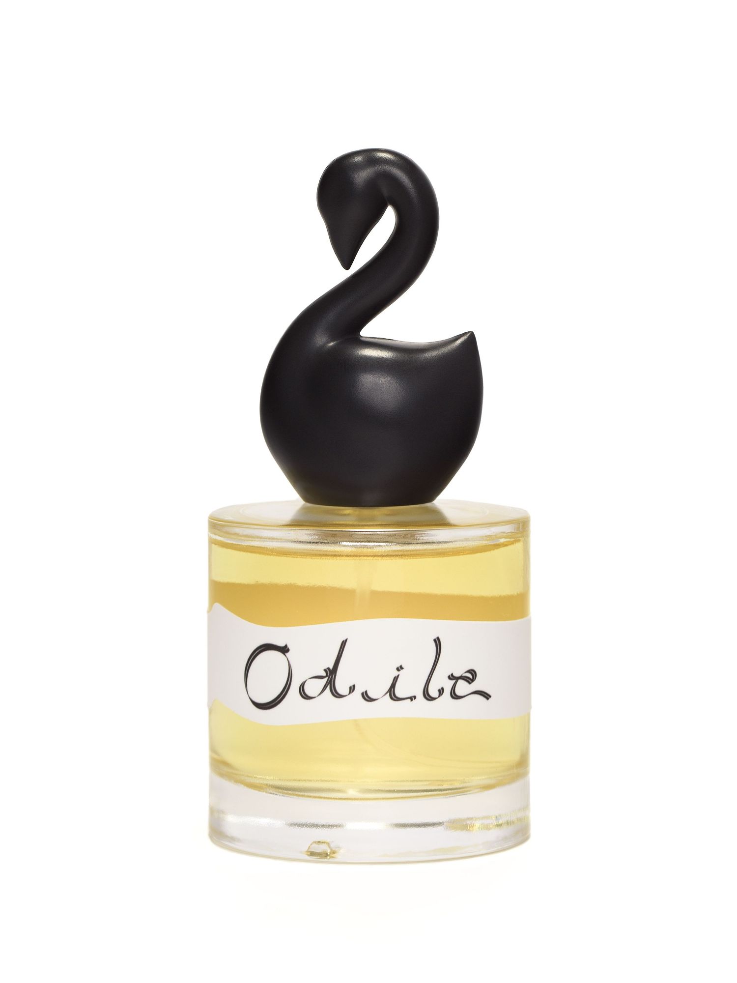 The front view of Gumamina's Odile perfume bottle with its black swan cap.