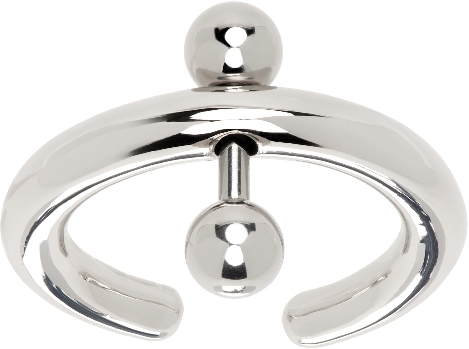 E-commerce product shot of a stainless steel ring with barbell by French designer Jean-Paul Gaultier.