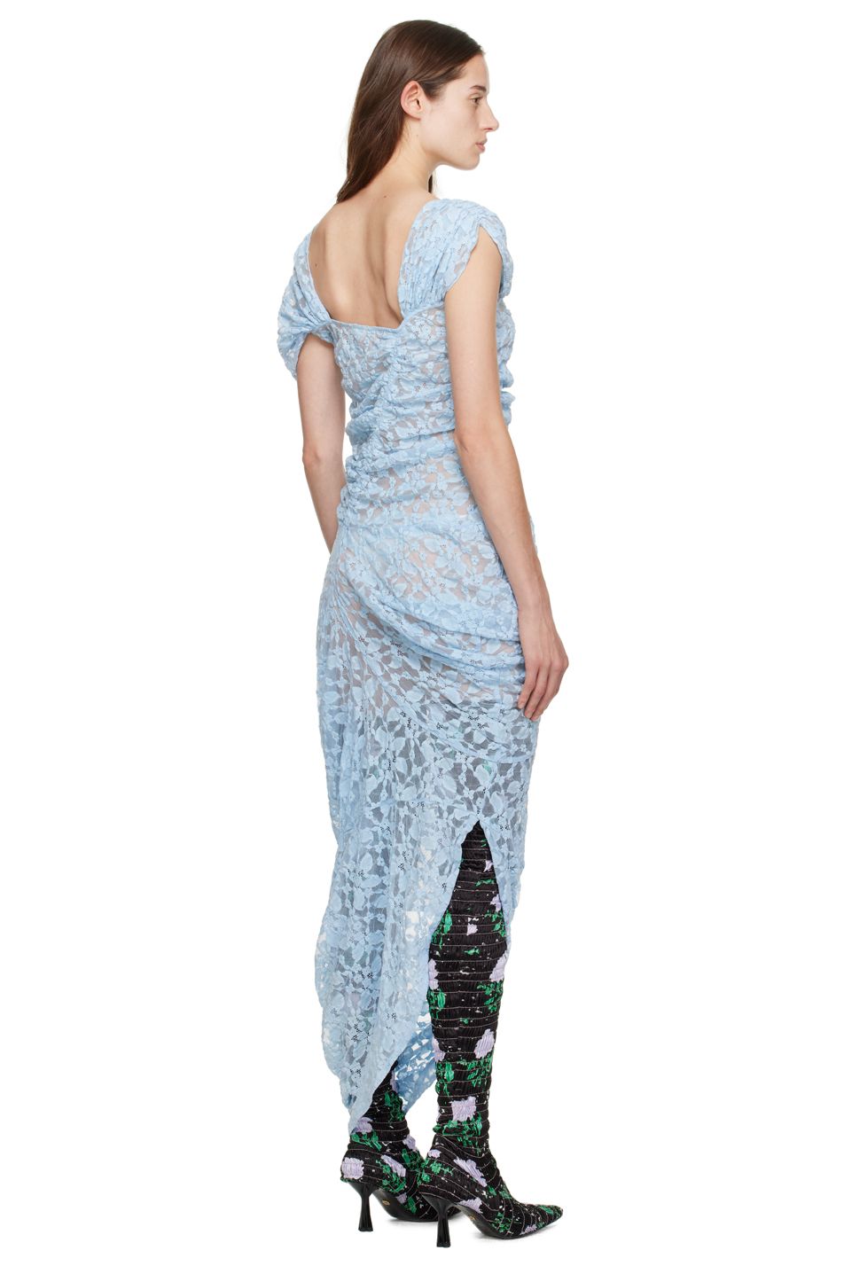 Model Ruby Evers wears a long blue lace gown by designer Yuhan Wang for SSENSE.