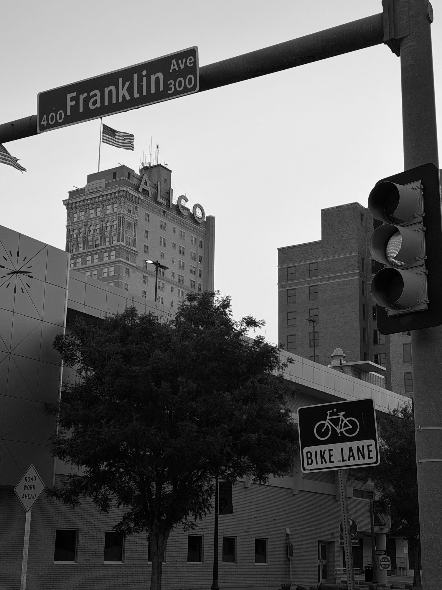 Black and white street photograph of downtown Waco, Texas