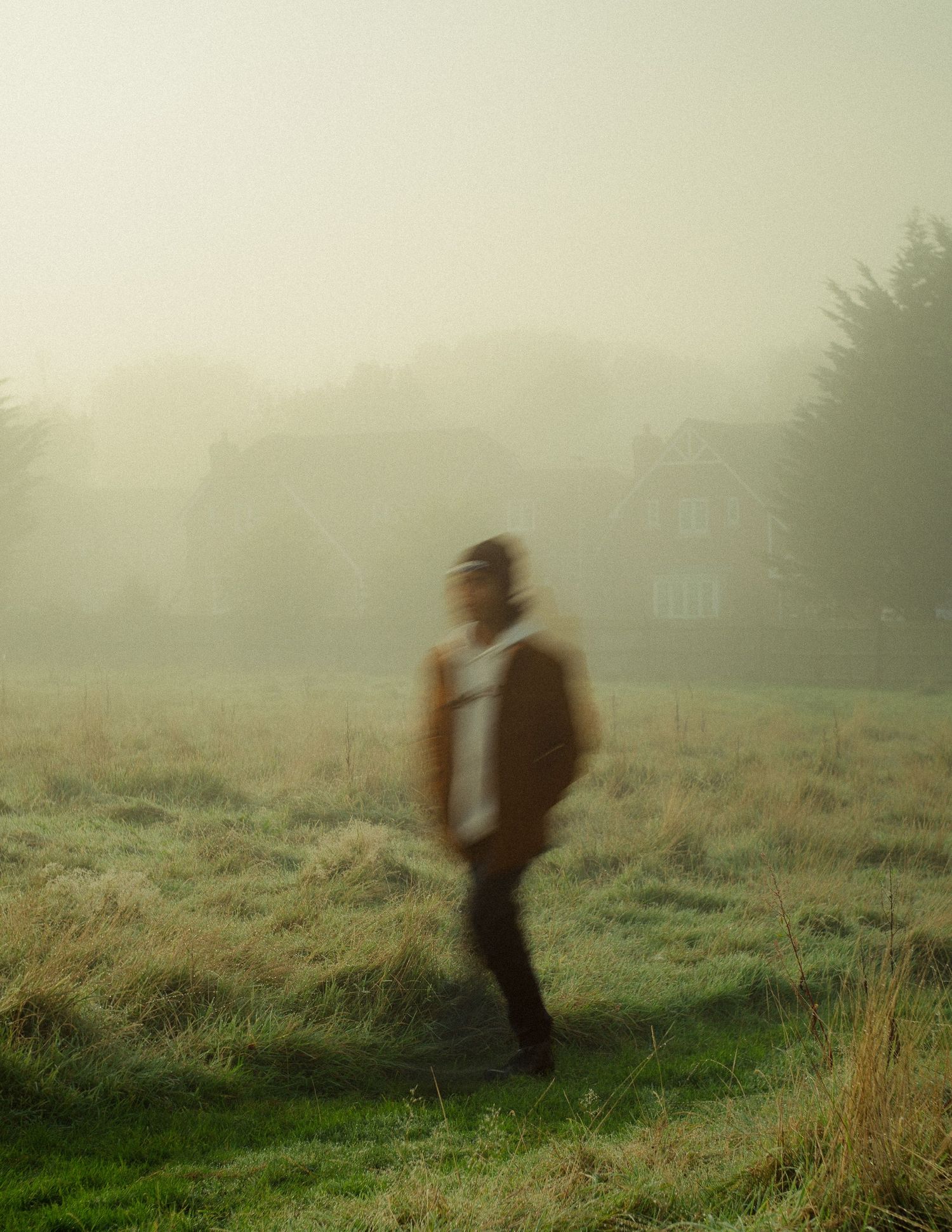 Cinematic outdoor portrait of a man standing in a misty field