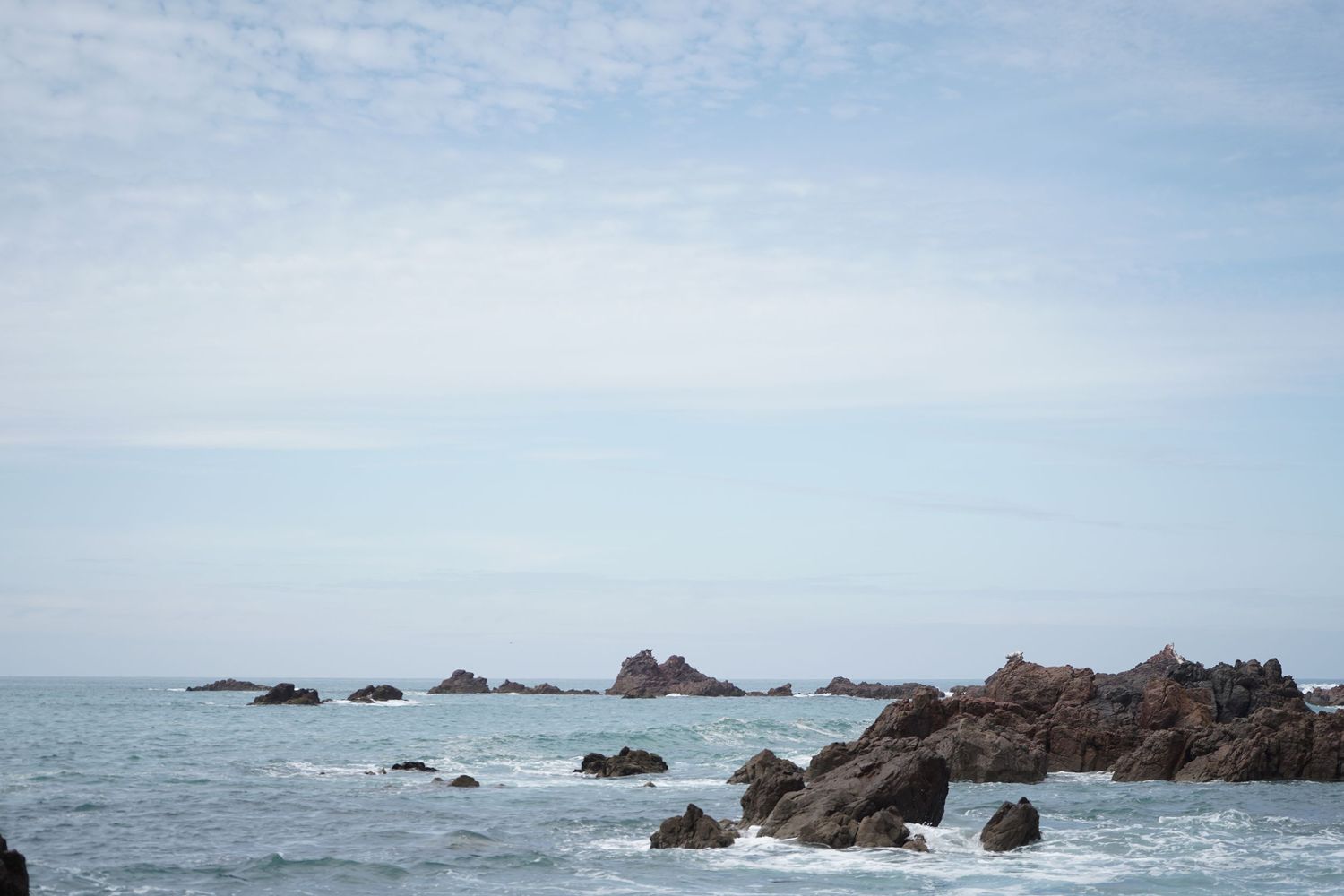 Rocky coastal seascape with jagged boulders emerging from turbulent ocean waves under cloudy sky.