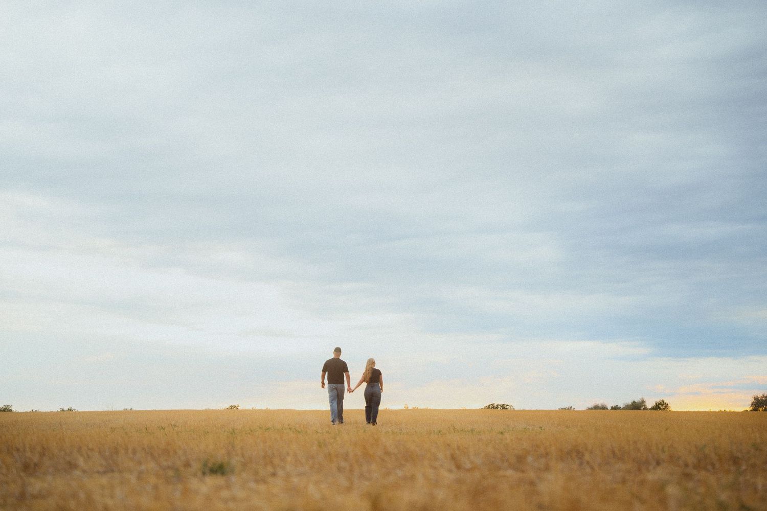 Couple holding hands walking through golden wheat field under cloudy sky.