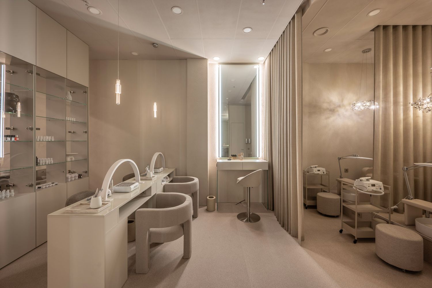 Contemporary beauty salon treatment area with warm wood details