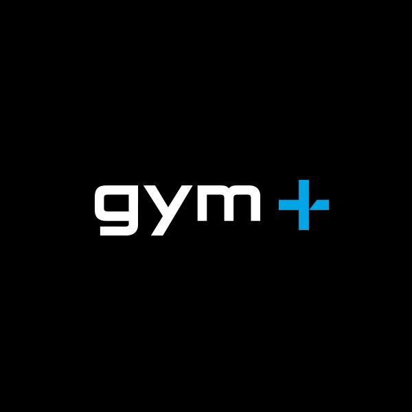 Gym+ logo in white lowercase letters with a bright blue plus sign on a solid black background.