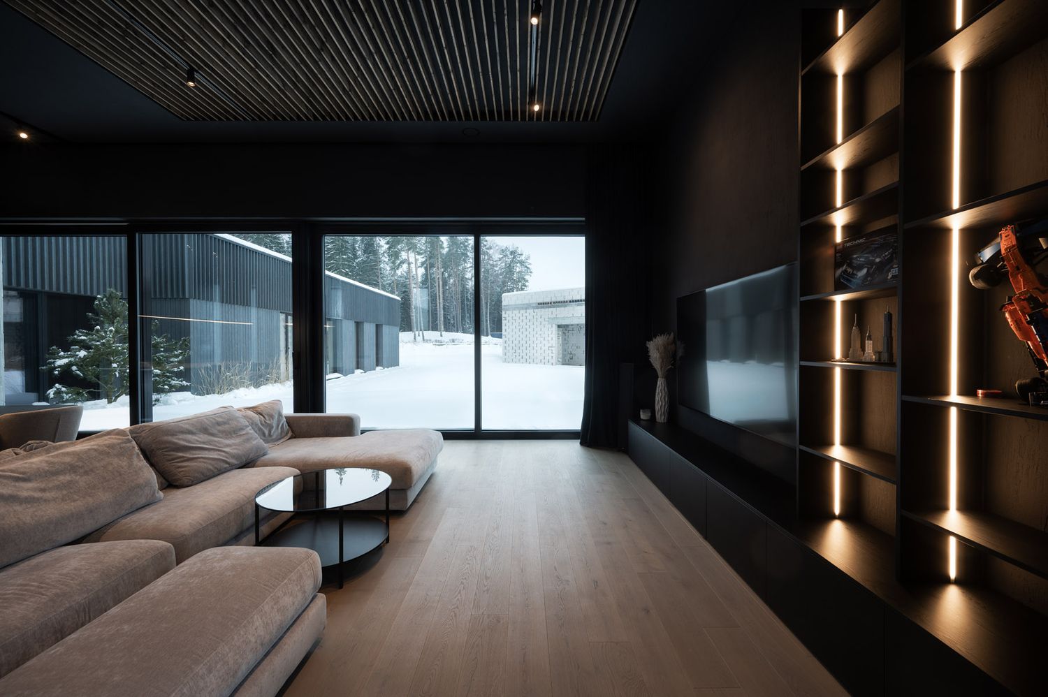 Private house interior with floor-to-ceiling windows in Riešė