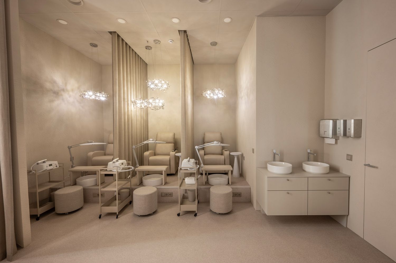 Beauty salon interior with treatment chairs and soft ambient lighting