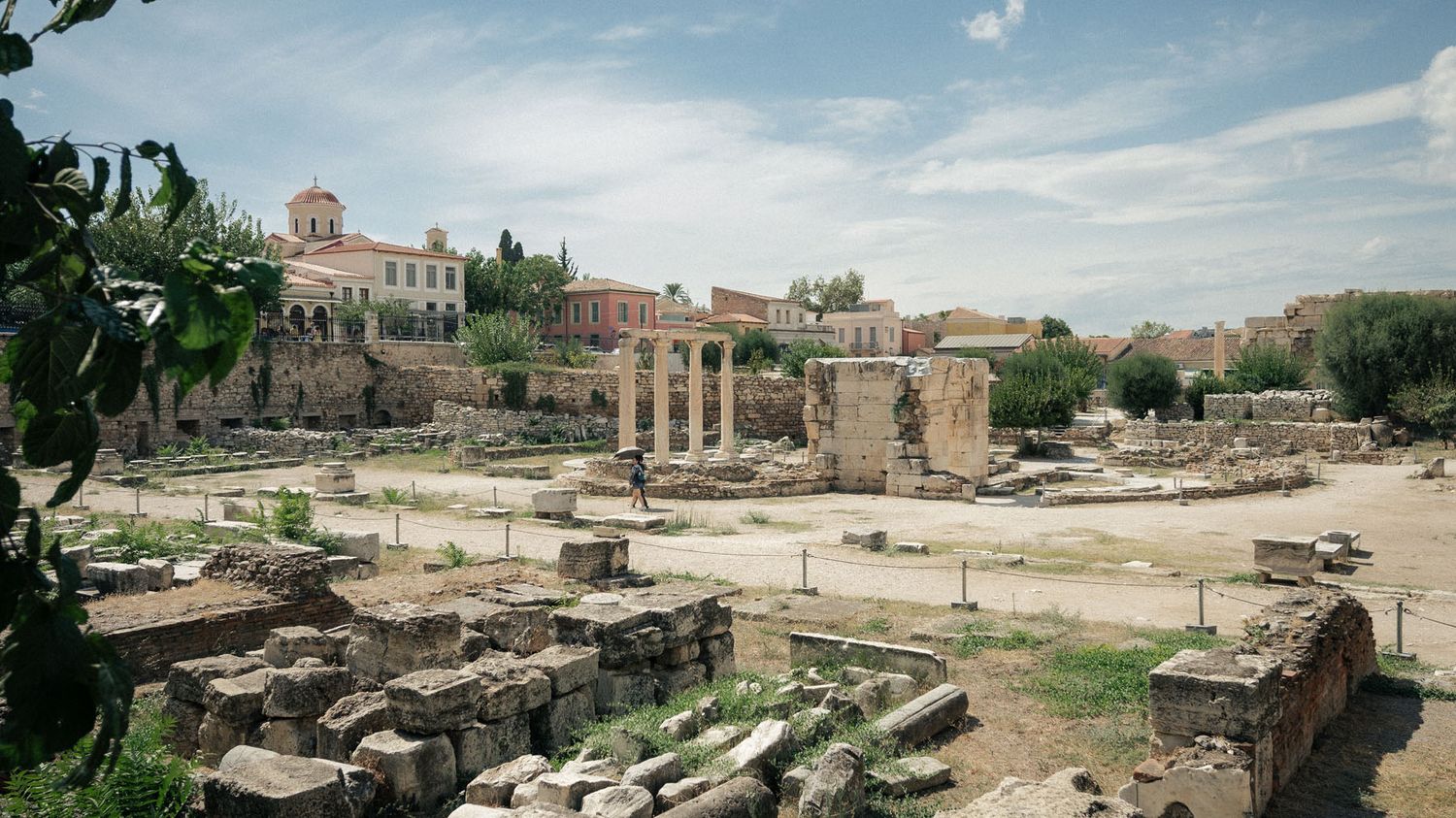 Ancient Greek ruins in Athens Greece with historic stone architecture