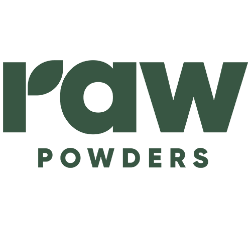 Dark green Raw Powders logo featuring bold lowercase raw lettering above the word POWDERS in spaced capital letters on white.