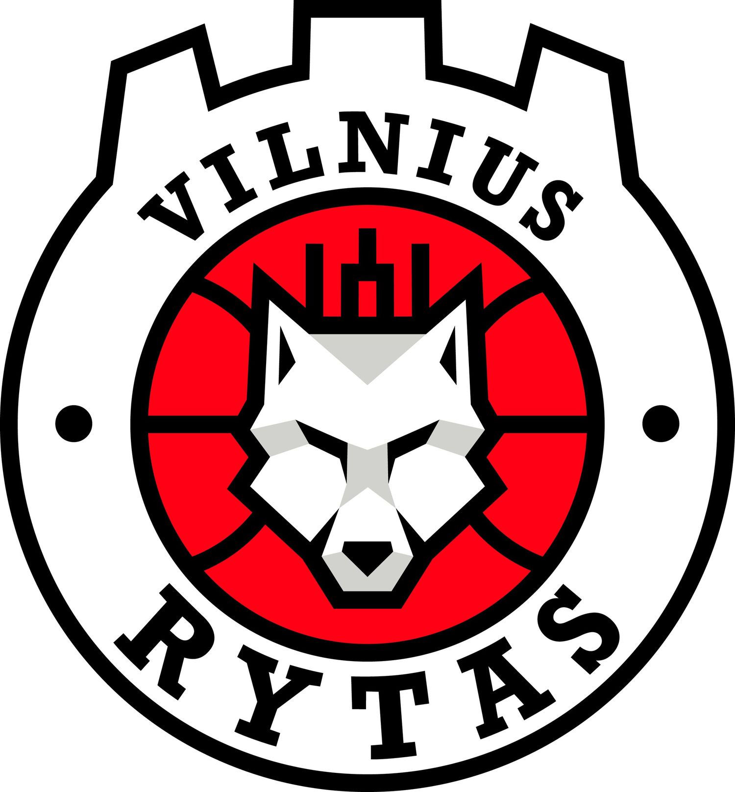 Vilnius Rytas basketball club logo with a white wolf head on a red basketball inside a castle tower shaped emblem.