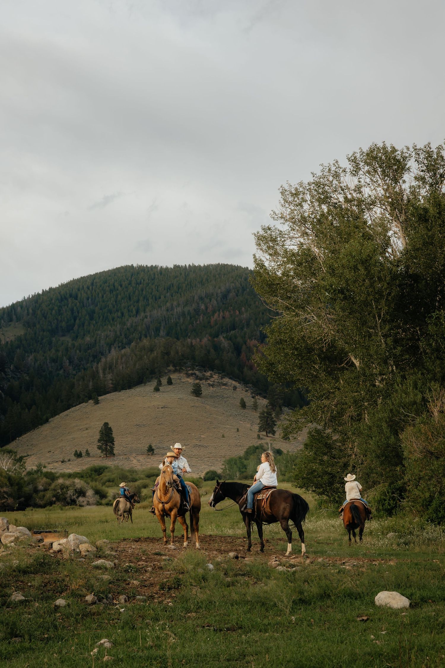 Western Nebraska Family Sessions family on horseback in a lush green pasture under overcast skies.