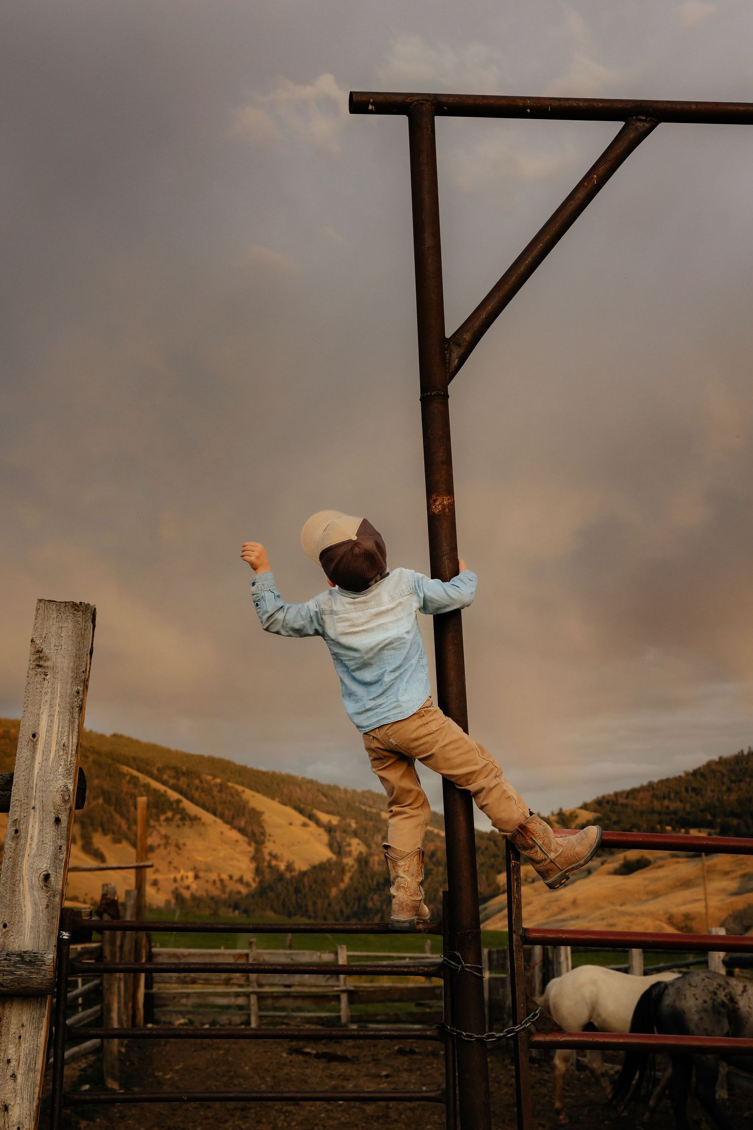 Western Nebraska Family Sessions A young child climbs a rustic metal gate on a ranch under a dramatic cloudy sky.
