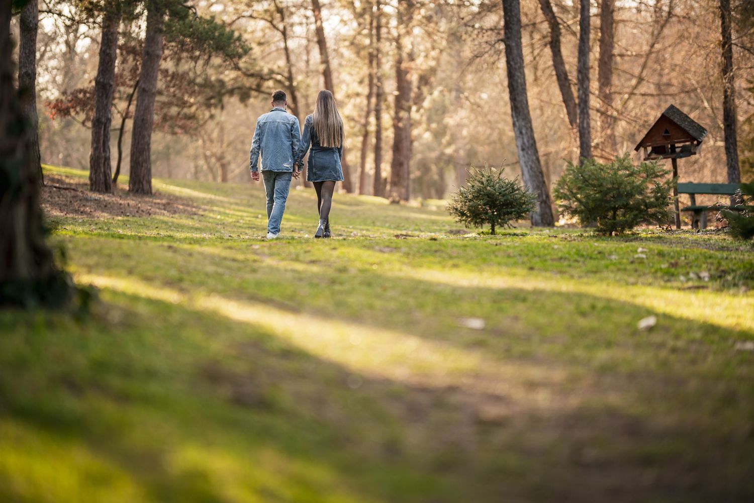 Jegyespár kézen fogva sétál egy dús növényzetű park napfényes ösvényén, őszi hangulatban.