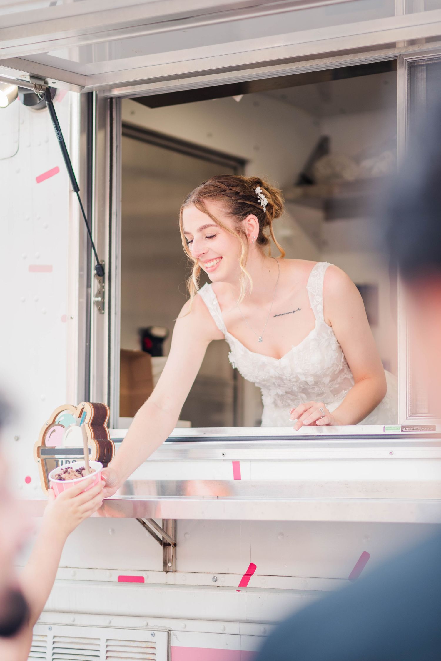 Bride in ice cream truck at Joiner Farms in Northern Cambria, Pennsylvania