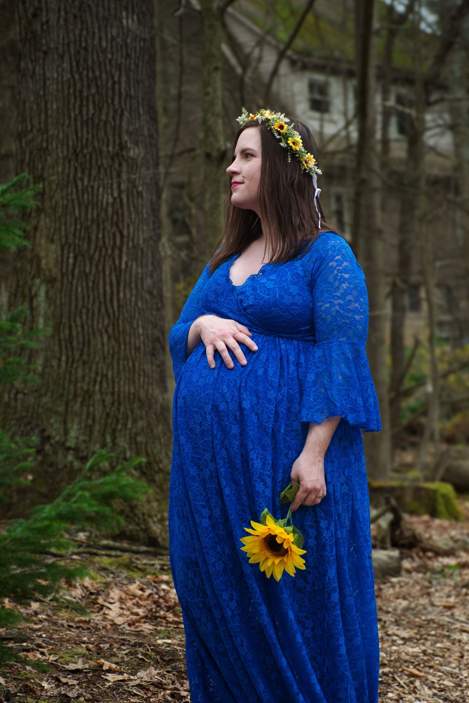 Maternity photo in the forest with sunflowers in Johnstown, Pennsylvania