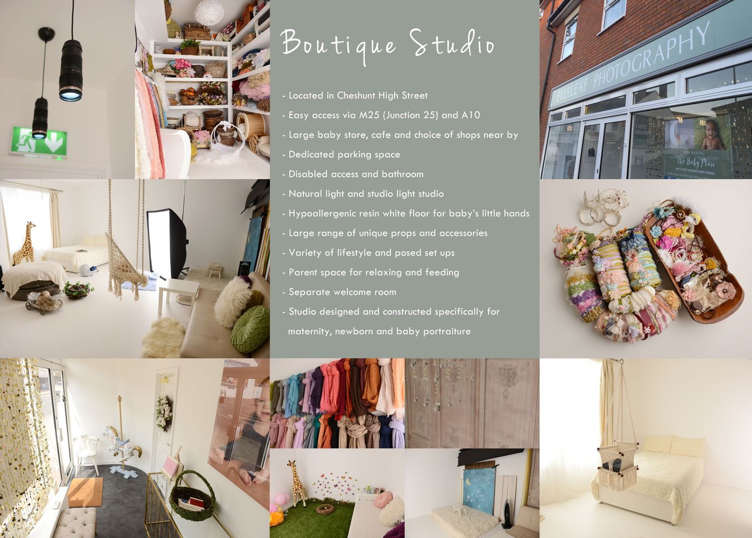 Collage showing Everleaf Photography's Cheshunt studio sets, props and outfits