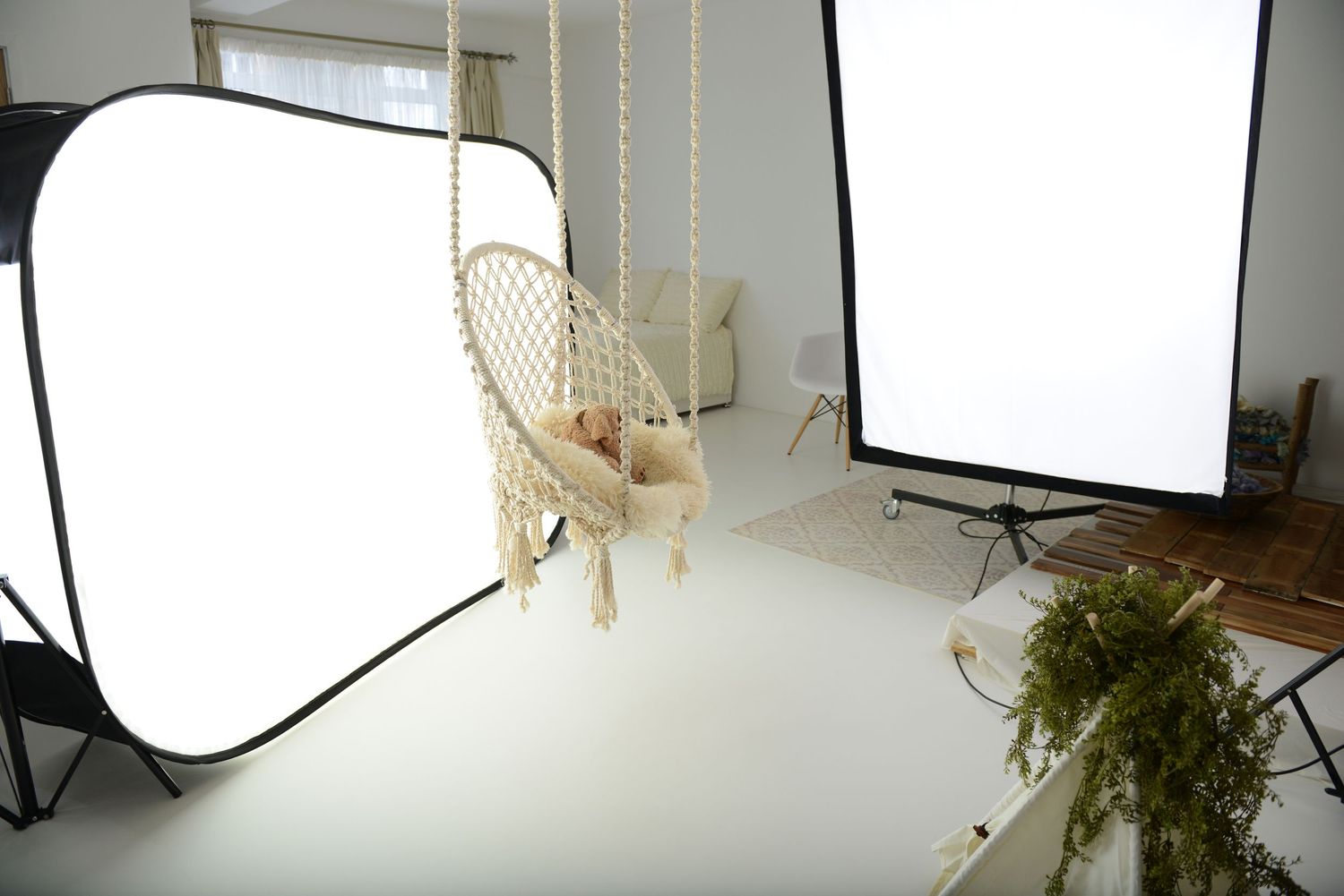 Everleaf Photography studio setup with softbox lighting and a hanging chair