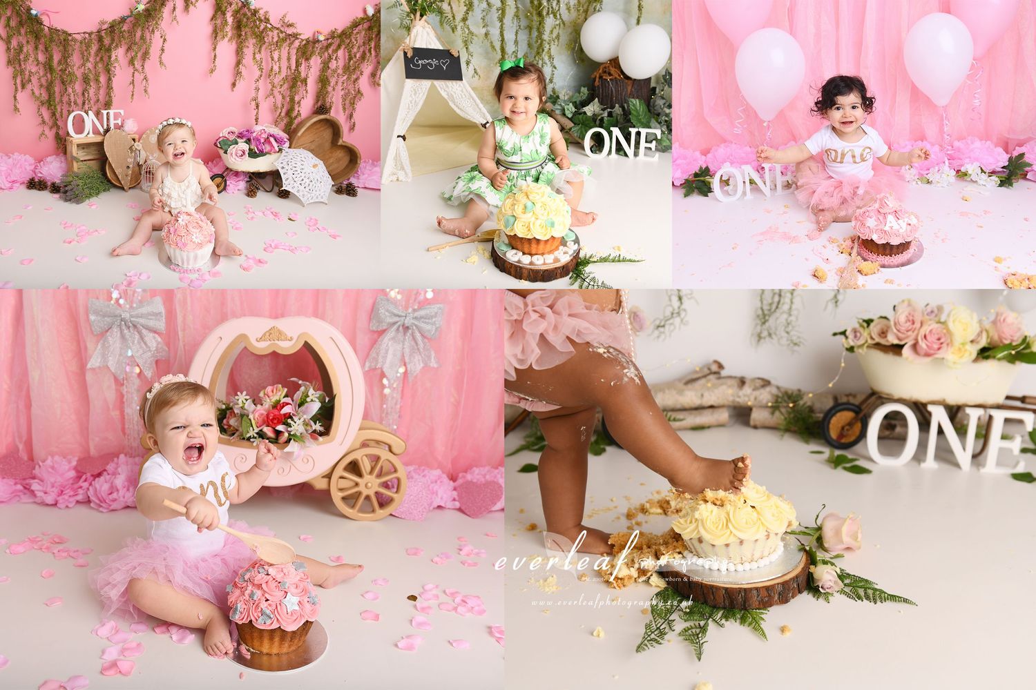 First birthday cake smash portrait collage with pink themed studio sets