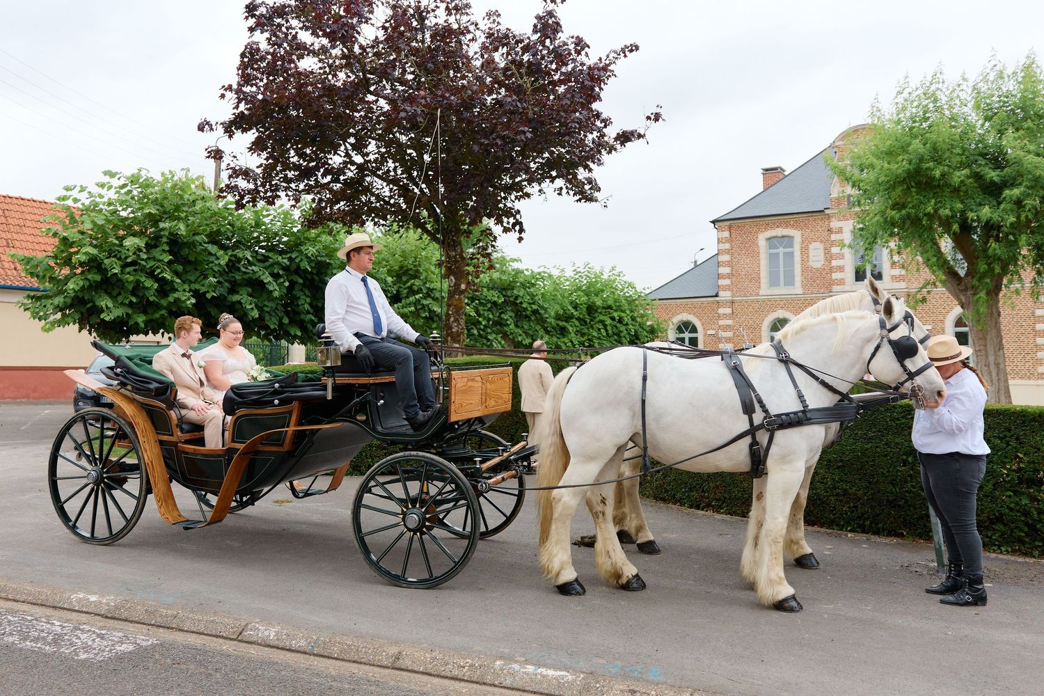 Mariés à bord d’une calèche tirée des chevaux
