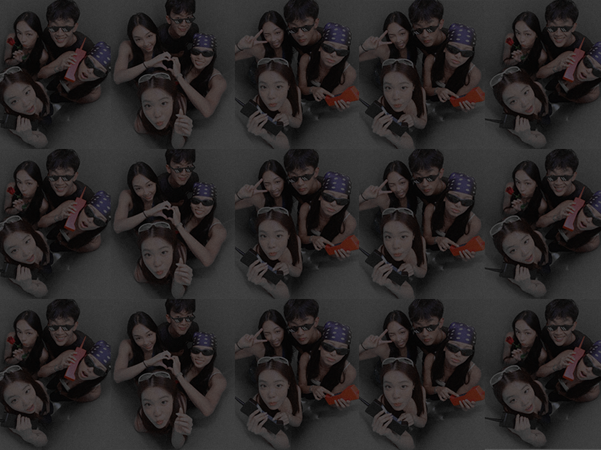 Small group of friends posing for a dynamic editorial photo in our Sydney high-angle photobooth.